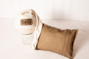 Cream "Hello" Sleepy Hat with Greige engraved patch